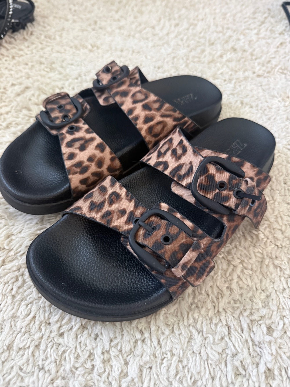 Zara Leopard Print Double-Buckle Slide Sandals - Black & Brown